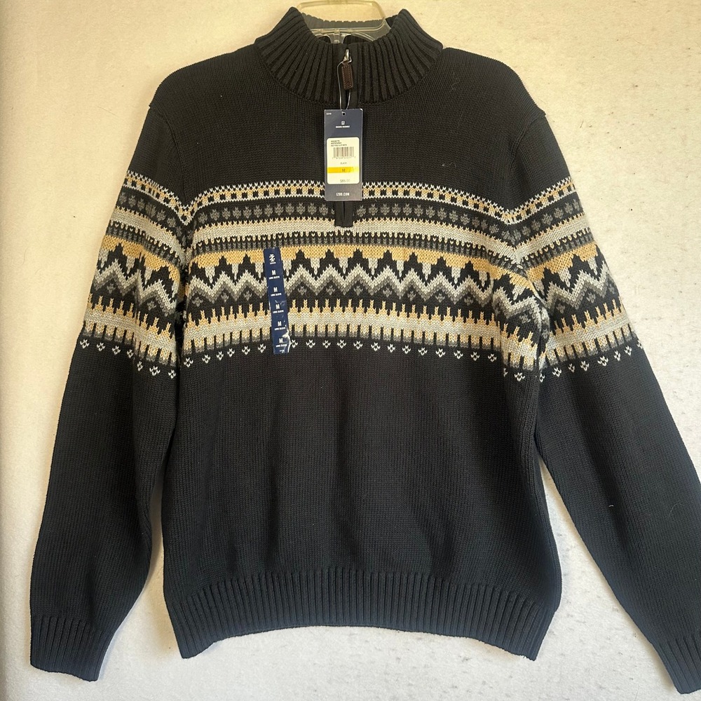 IZOD Mens Fair Isle Quarter Zip Sweater Black Geometric Knit Pullover M NEW